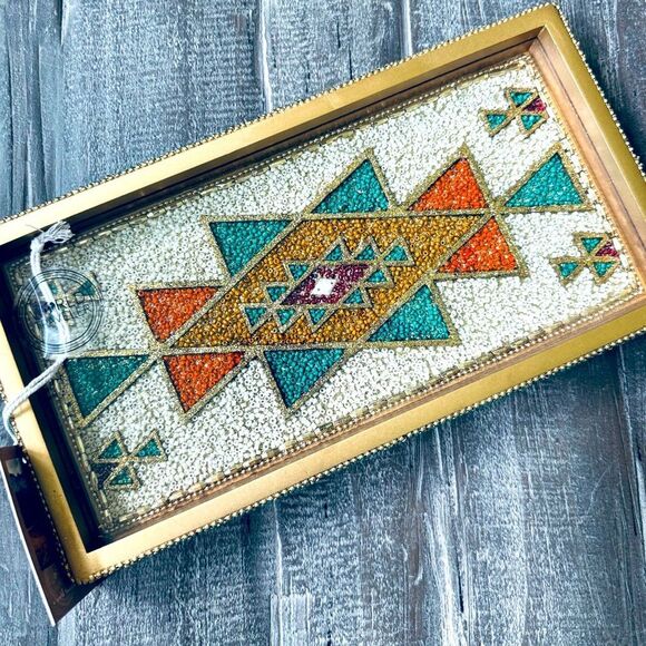 Southwest Western Aztec Tribal Beaded Orange Teal Decor Serving Decor Tray - Picture 1 of 6